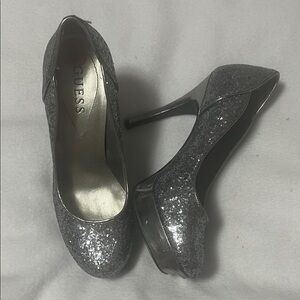 GUESS Silver Glitter Platform Stiletto Pumps
